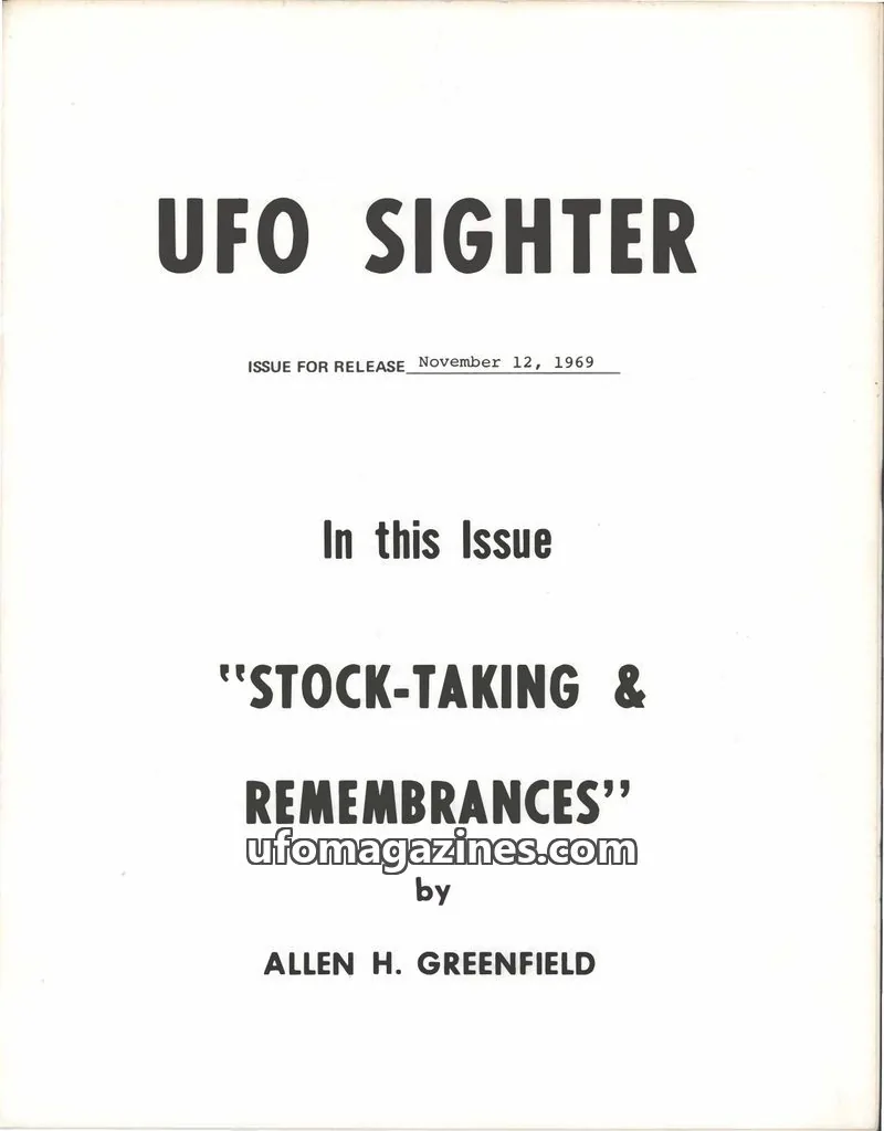 Cover of UFO Sighter (Allen Greenfield) issue ISSUE FOR RELEASE November 12, 1969: UFO SIGHTER