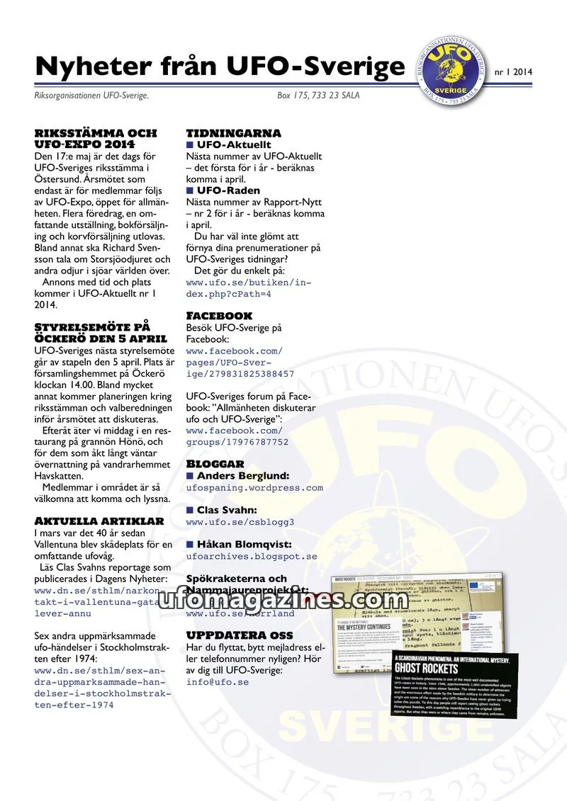 Cover of UFO-Sverige Nyhetsbrev issue nr 1 2014: Nyheter från UFO-Sverige