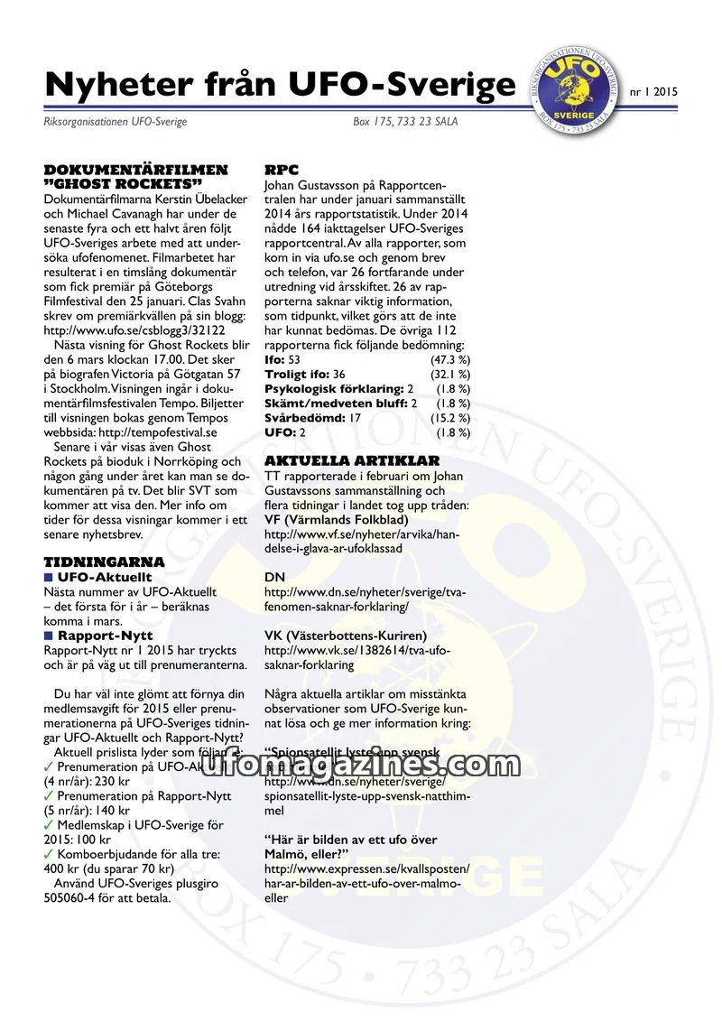 Cover of UFO-Sverige Nyhetsbrev issue 1: Nyheter från UFO-Sverige