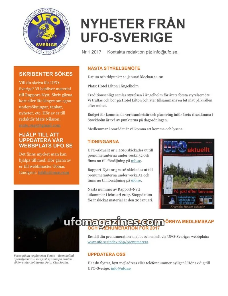 Cover of UFO-Sverige Nyhetsbrev issue 1 2017: NYHETER FRÅN UFO-SVERIGE