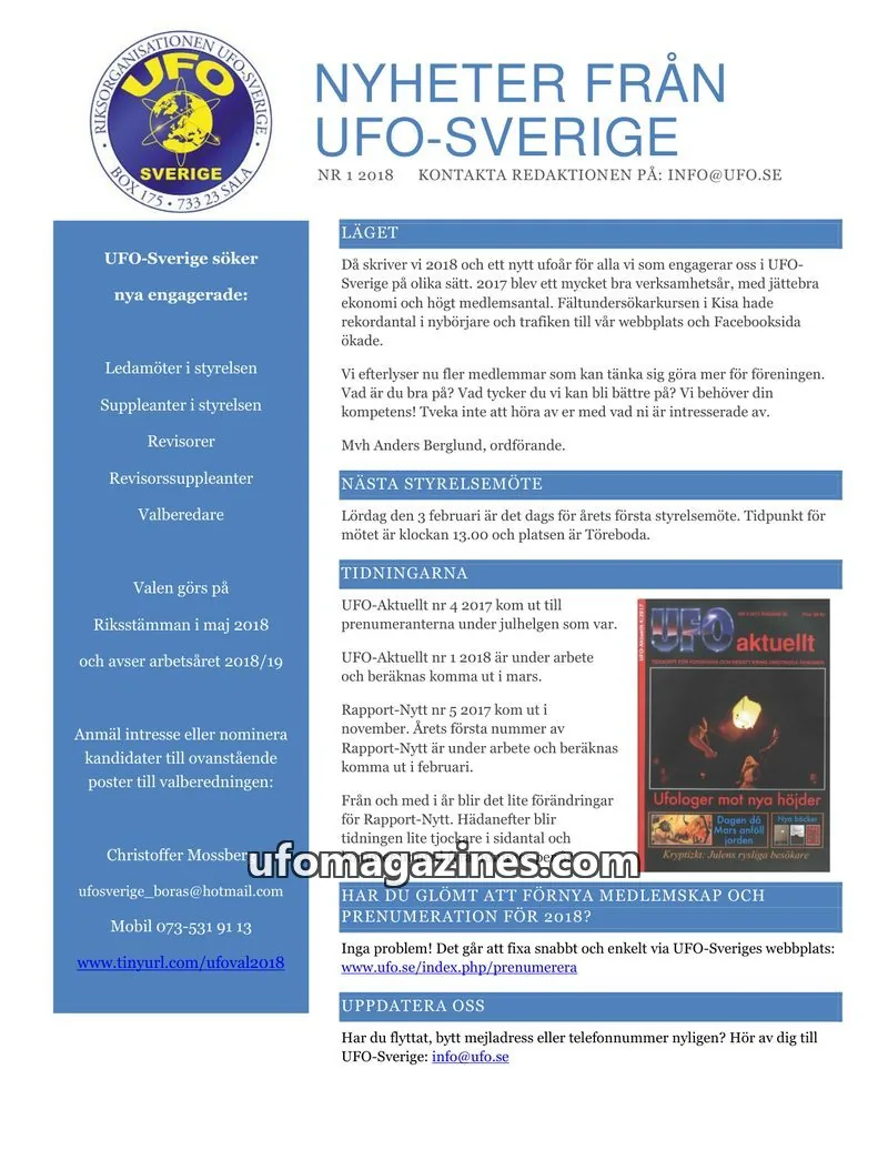 Cover of UFO-Sverige Nyhetsbrev issue 1 2018: NYHETER FRÅN UFO-SVERIGE