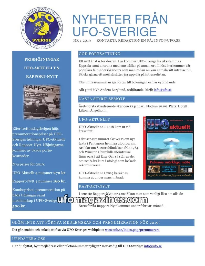 Cover of UFO-Sverige Nyhetsbrev issue 1: NYHETER FRÅN UFO-SVERIGE