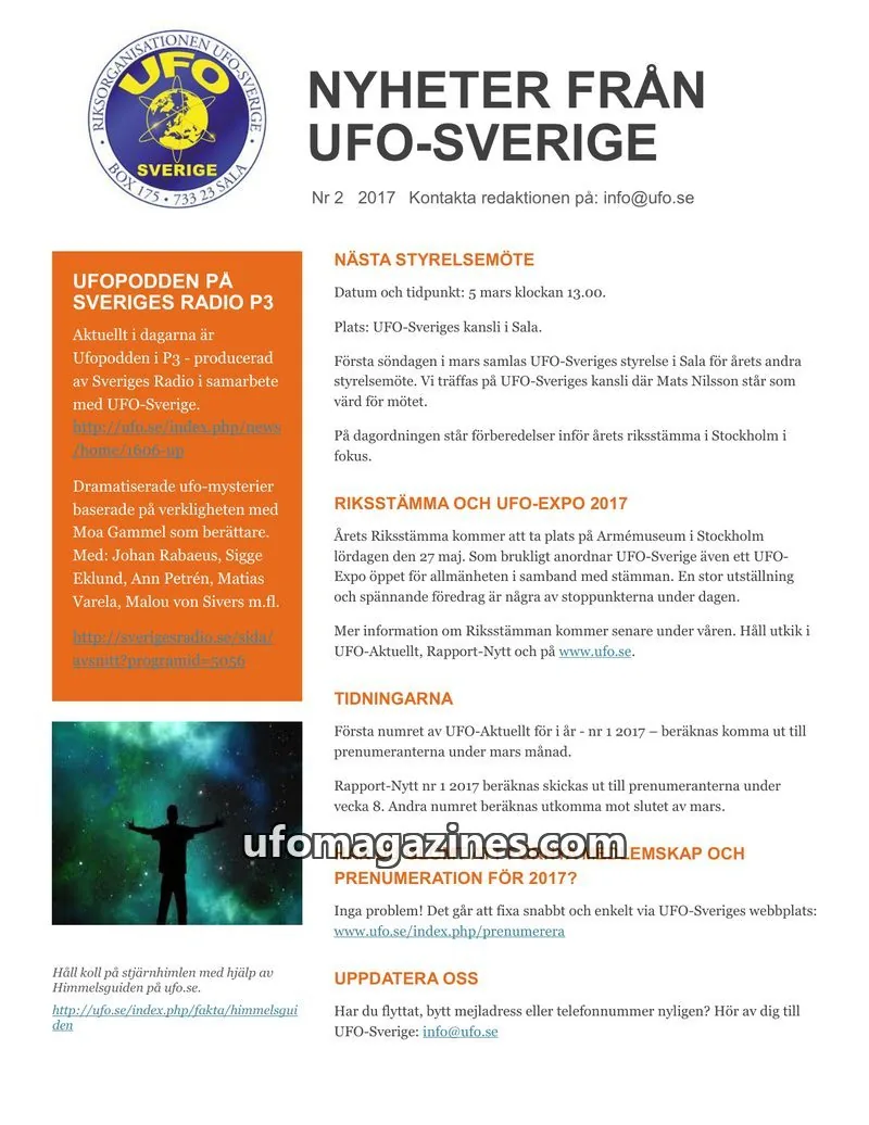 Cover of UFO-Sverige Nyhetsbrev issue 2 2017: NYHETER FRÅN UFO-SVERIGE