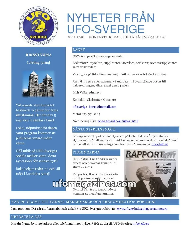 Cover of UFO-Sverige Nyhetsbrev issue NR 2 2018: NYHETER FRÅN UFO-SVERIGE
