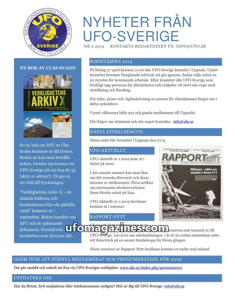 Cover of UFO-Sverige Nyhetsbrev issue 2: NYHETER FRÅN UFO-SVERIGE