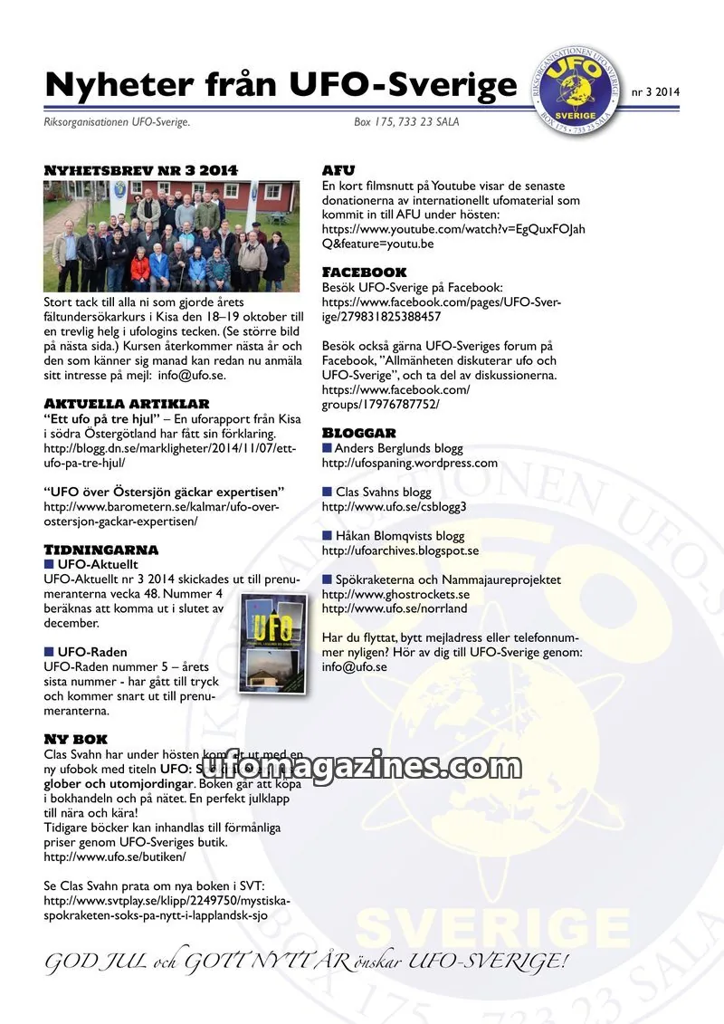 Cover of UFO-Sverige Nyhetsbrev issue nr 3 2014: Nyheter från UFO-Sverige