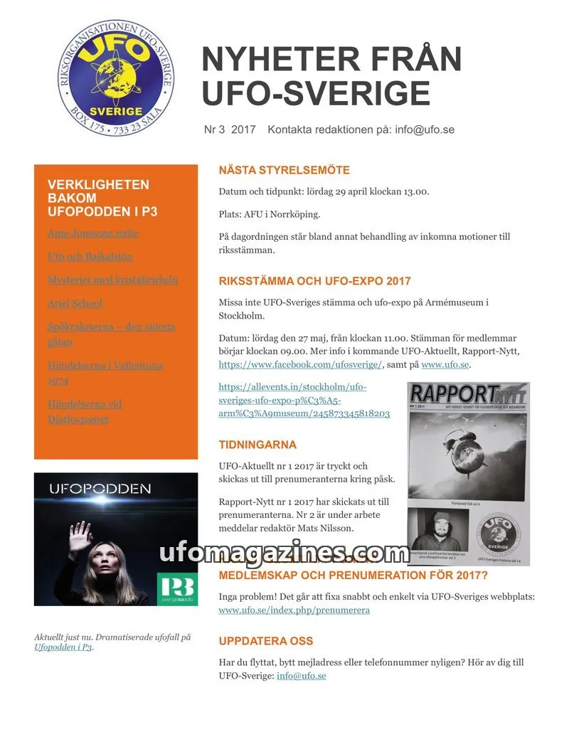 Cover of UFO-Sverige Nyhetsbrev issue Nr 3 2017: NYHETER FRÅN UFO-SVERIGE