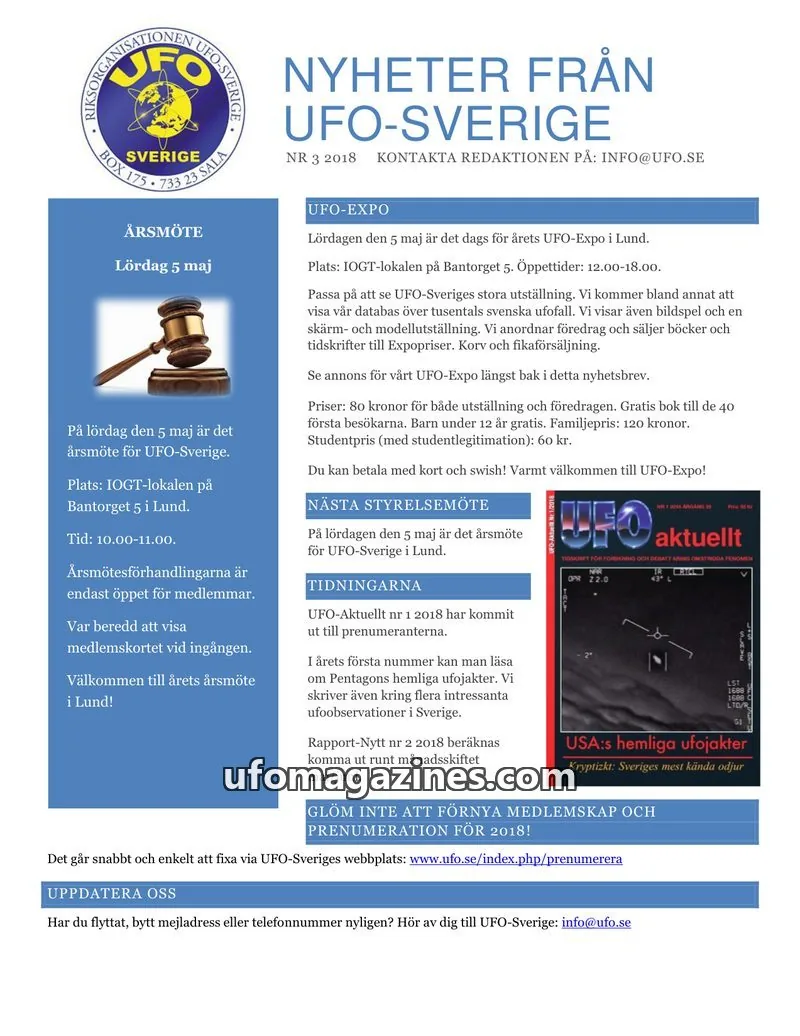 Cover of UFO-Sverige Nyhetsbrev issue 3 2018: NYHETER FRÅN UFO-SVERIGE
