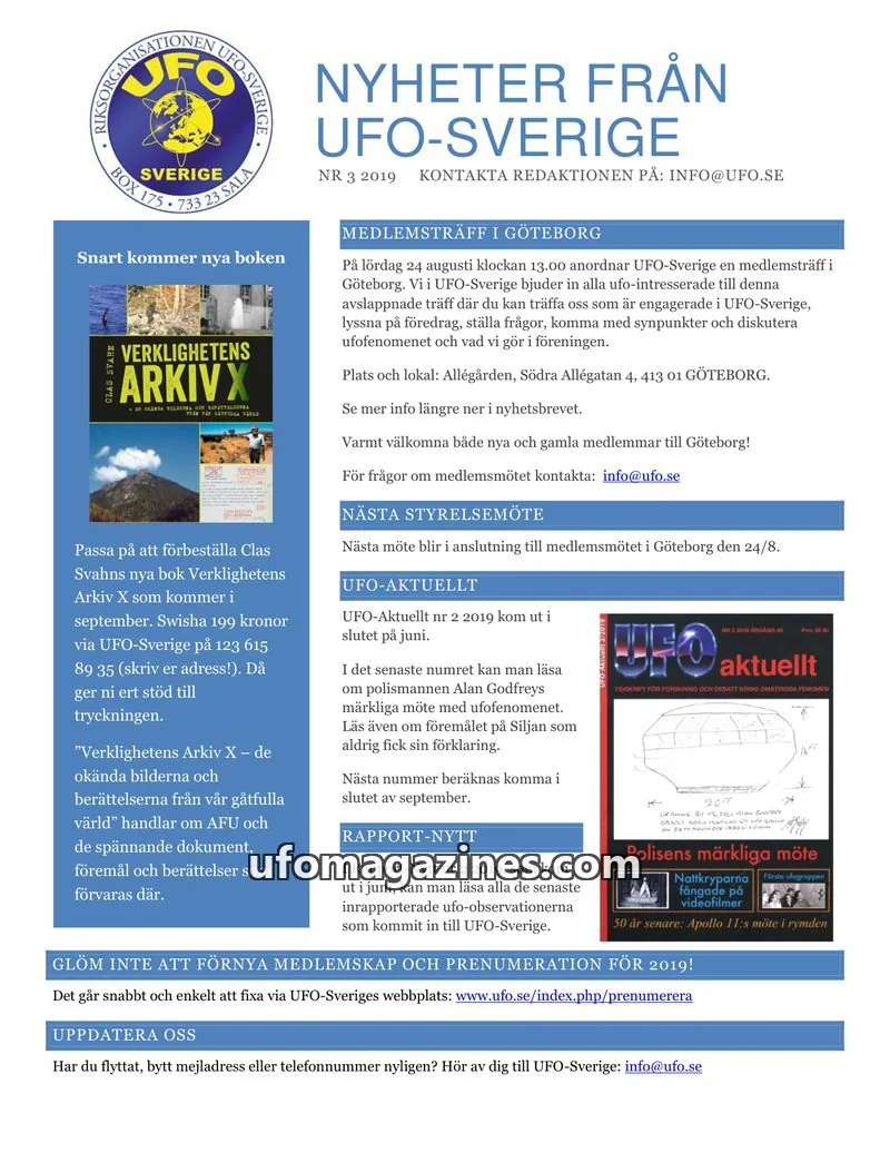 Cover of UFO-Sverige Nyhetsbrev issue 3: NYHETER FRÅN UFO-SVERIGE