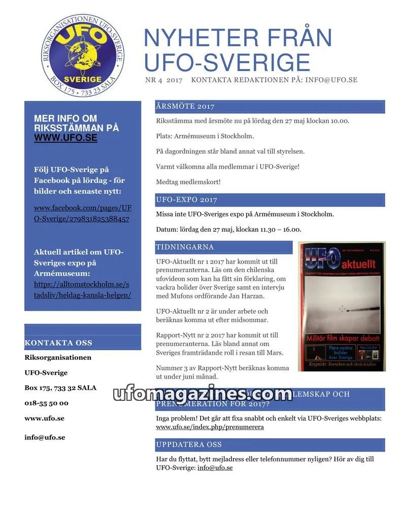 Cover of UFO-Sverige Nyhetsbrev issue NR 4 2017: NYHETER FRÅN UFO-SVERIGE
