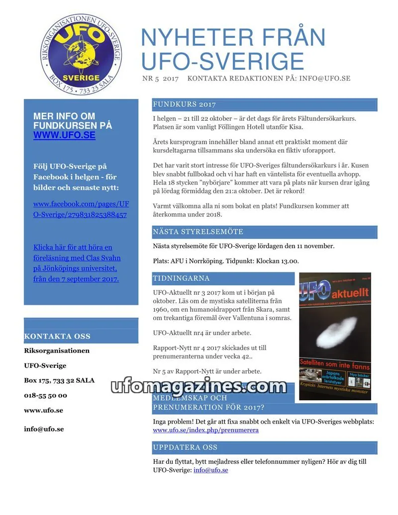 Cover of UFO-Sverige Nyhetsbrev issue NR 5 2017: NYHETER FRÅN UFO-SVERIGE