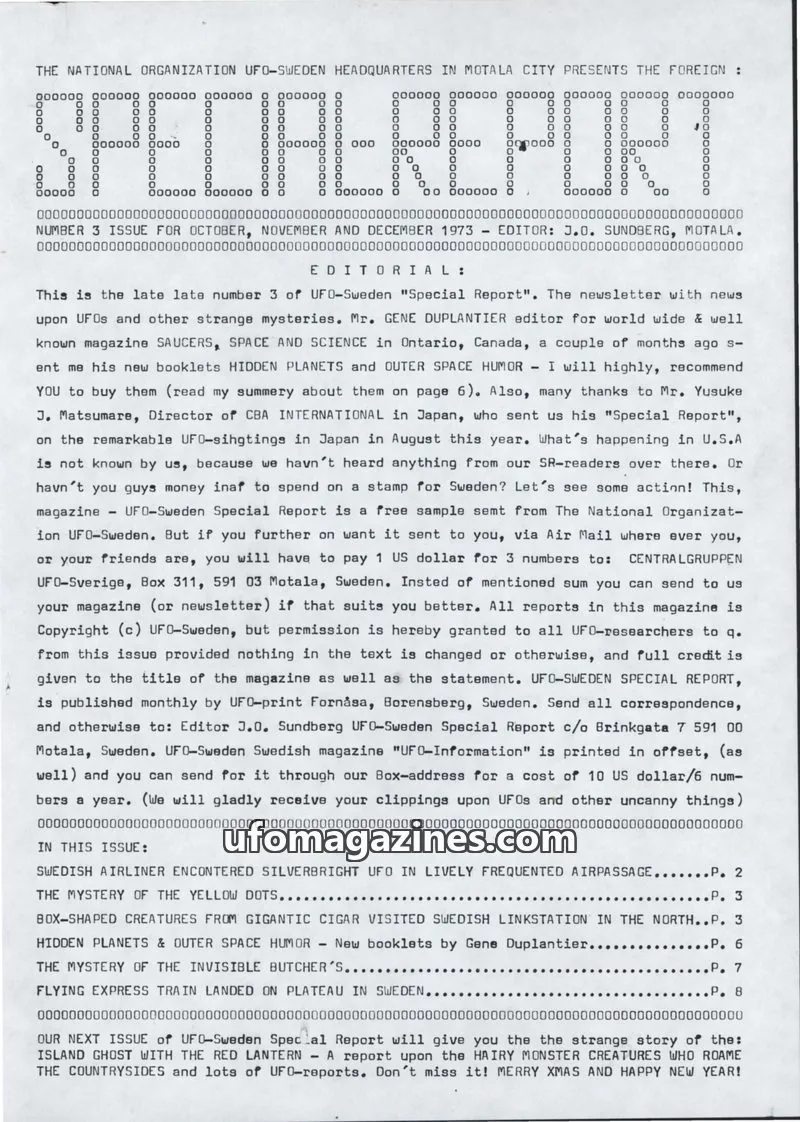 Cover of UFO Sweden Special Report (UFO-Sverige) issue 3: UFO-Sweden Special Report