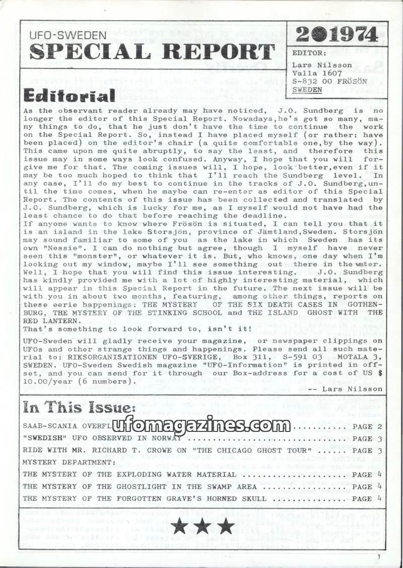 Cover of UFO Sweden Special Report (UFO-Sverige) issue 2: UFO-SWEDEN SPECIAL REPORT