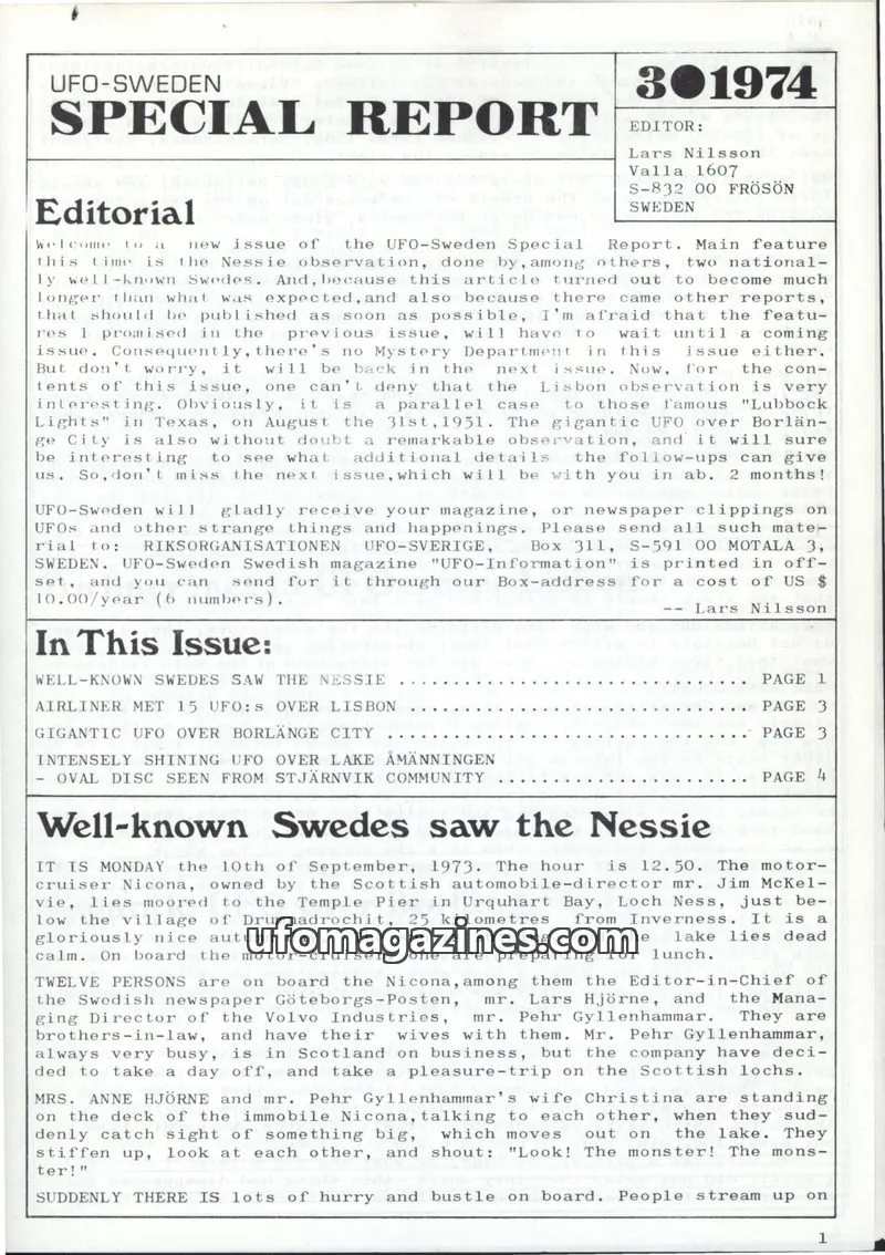 Cover of UFO Sweden Special Report (UFO-Sverige) issue 1974: UFO-Sweden SPECIAL REPORT