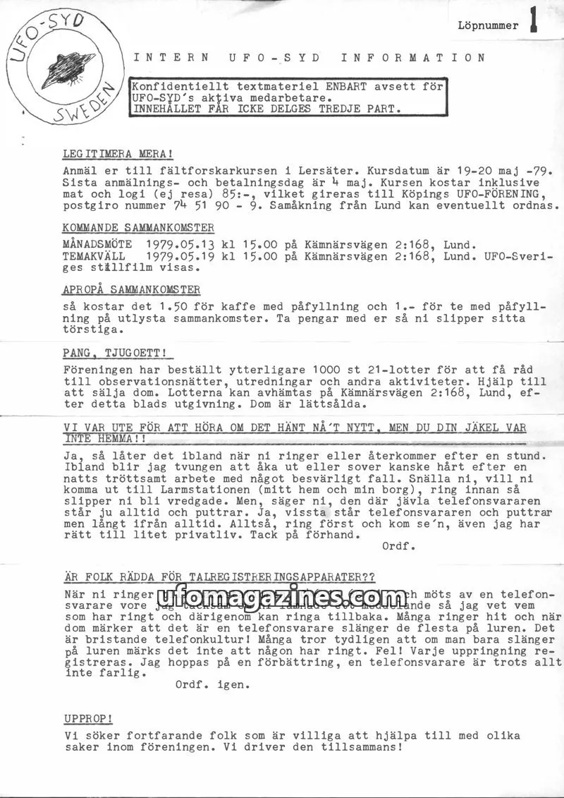 Cover of UFO-Syd Information issue 1: UFO-SYD INFORMATION