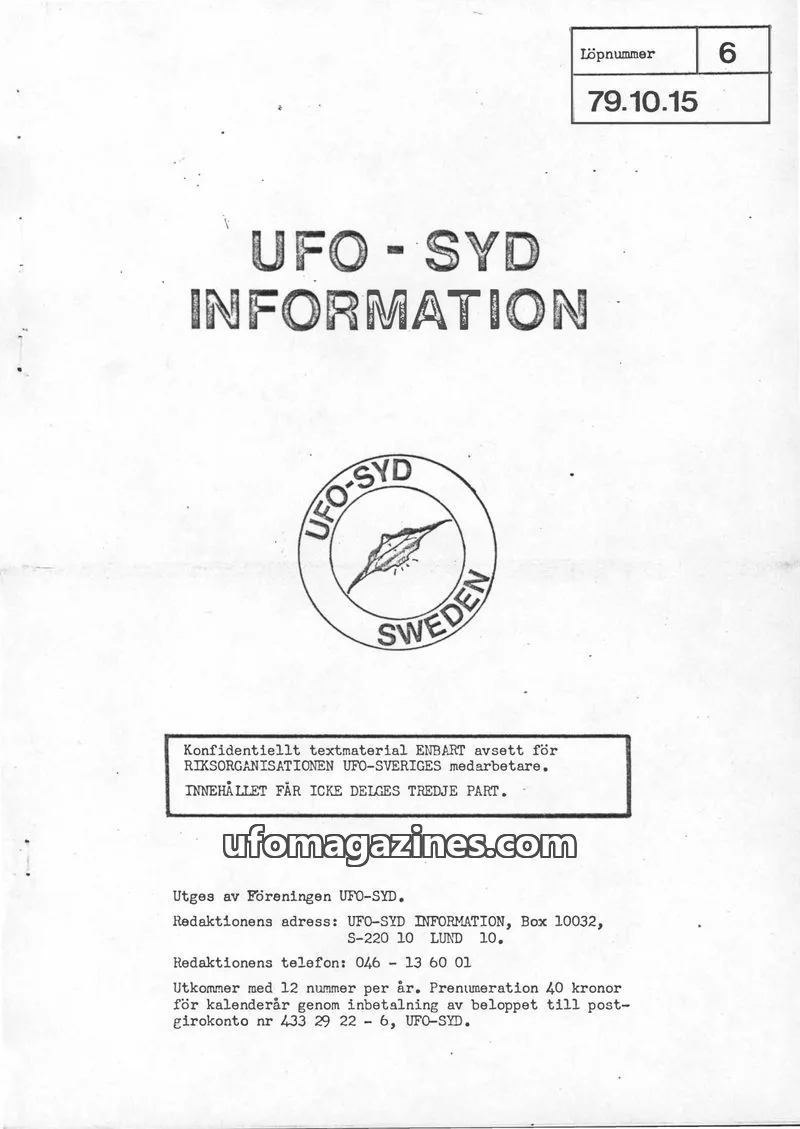 Cover of UFO-Syd Information issue 6: UFO - SYD INFORMATION