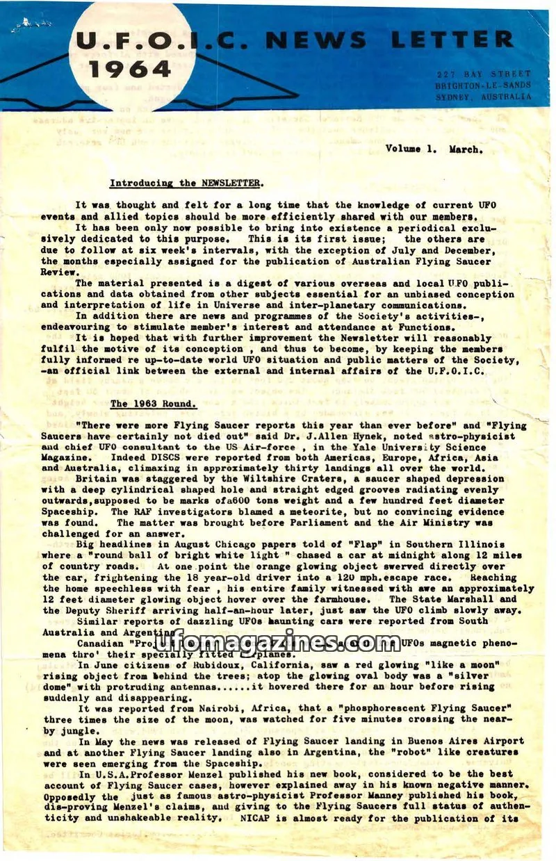 Cover of UFOIC Newsletter issue 1: U.F.O.I.C. NEWS LETTER
