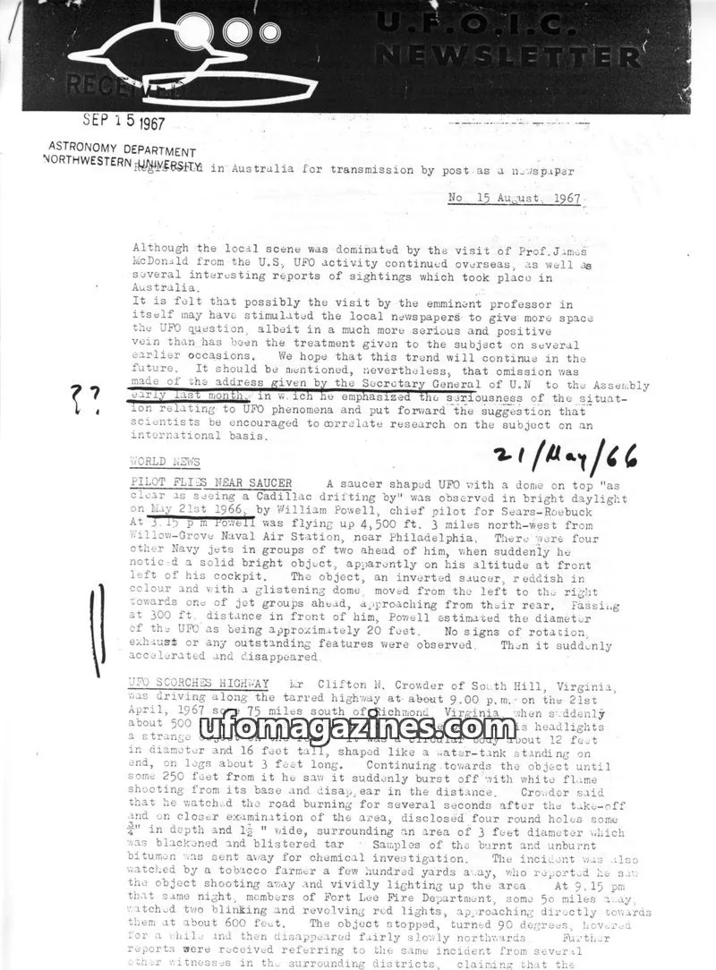 Cover of UFOIC Newsletter issue 15: U.F.O.I.C. NEWSLETTER
