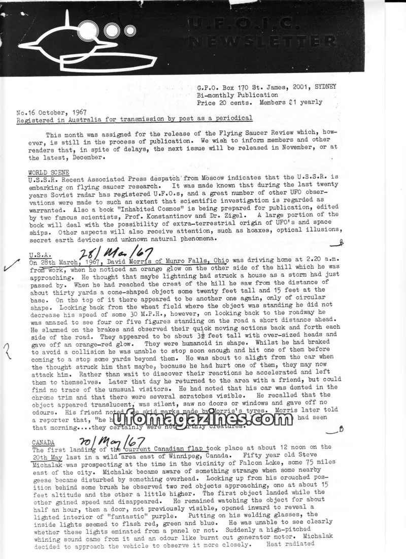 Cover of UFOIC Newsletter issue No.16: U.F.O.I.C. NEWSLETTER