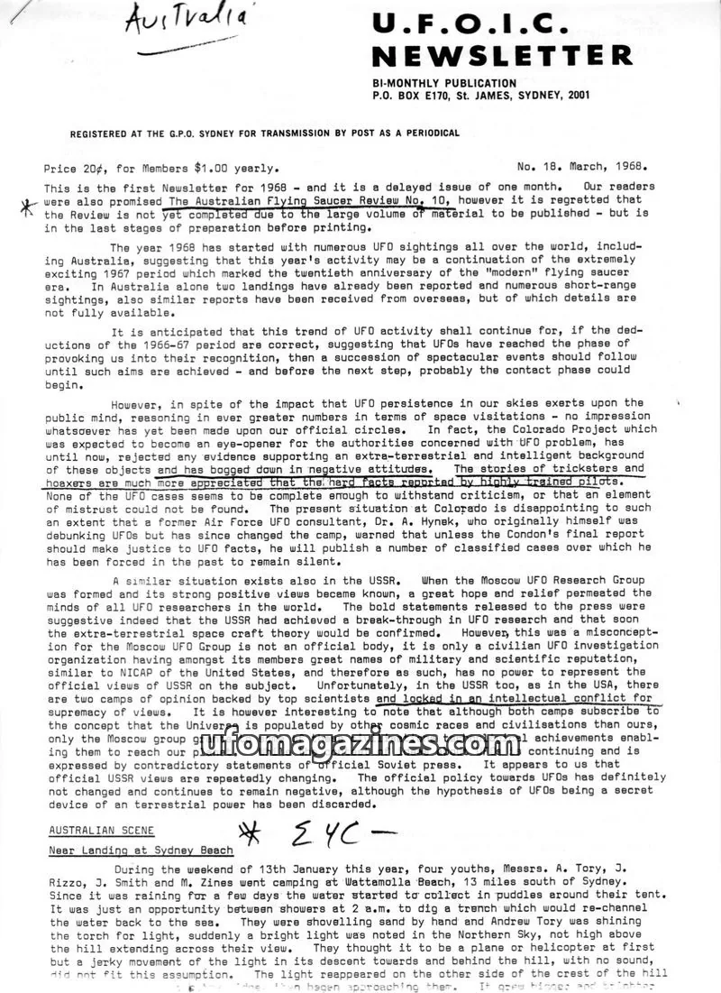 Cover of UFOIC Newsletter issue 18: U.F.O.I.C. NEWSLETTER