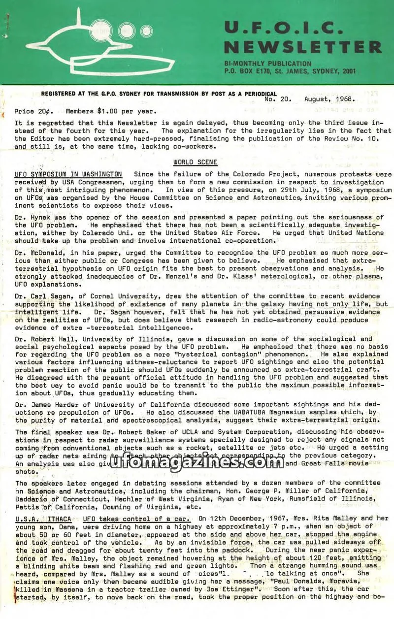 Cover of UFOIC Newsletter issue 20: U.F.O.I.C. NEWSLETTER