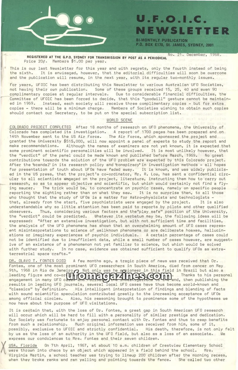 Cover of UFOIC issue 21: U.F.O.I.C. NEWSLETTER