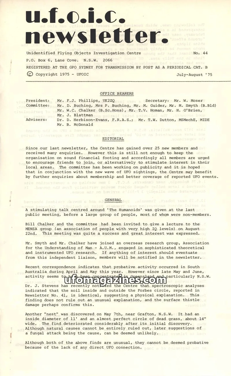 Cover of UFOIC Newsletter issue 44: U.F.O.I.C. Newsletter