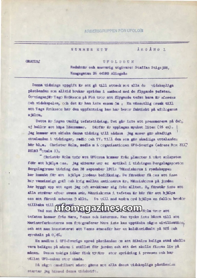 Cover of Ufologen - Ufologisk debatt issue ETT: UFOLOGEN