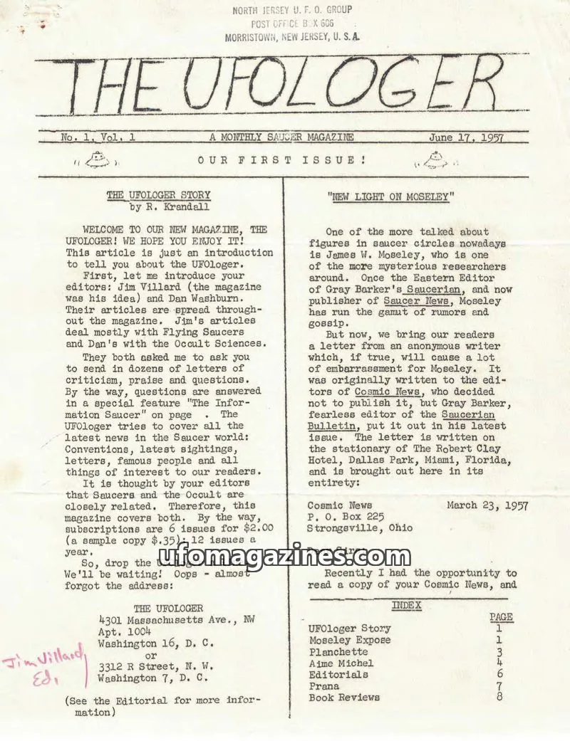 Cover of NORTH JERSEY U. F. O. GROUP issue Vol. 1: THE UFOLOGER