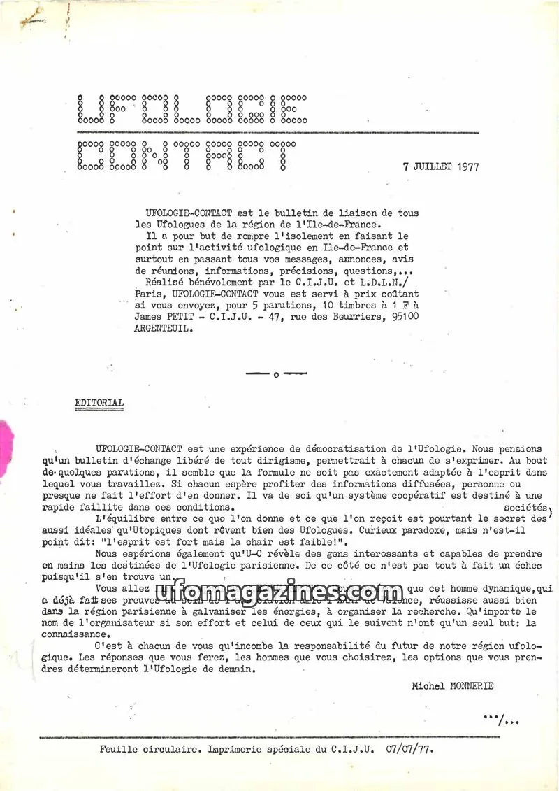 Cover of Ufologie Contact issue 7 JUILLET 1977: UFOLOGIE-CONTACT