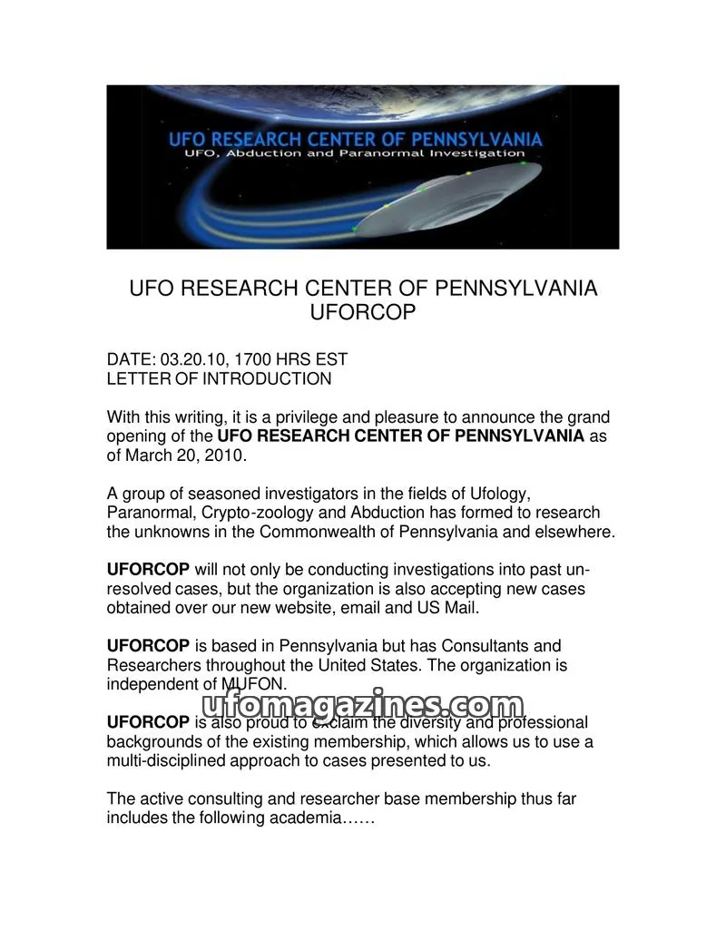 Cover of UFORC of Pennsylvania (Butch Witkowski) issue LETTER OF INTRODUCTION: UFO RESEARCH CENTER OF PENNSYLVANIA UFORCOP