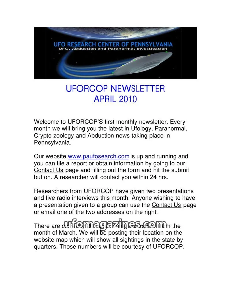 Cover of UFORCOP issue April 2010: UFORCOP NEWSLETTER