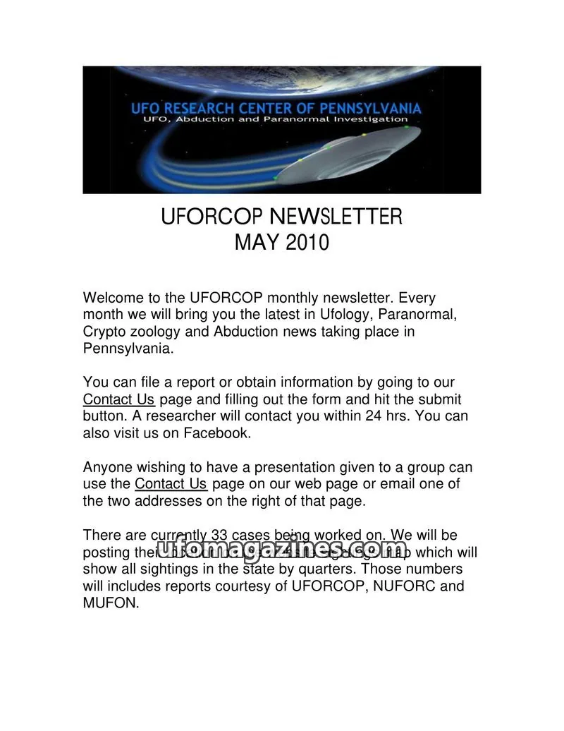 Cover of UFORC of Pennsylvania (Butch Witkowski) issue MAY 2010: UFORCOP NEWSLETTER