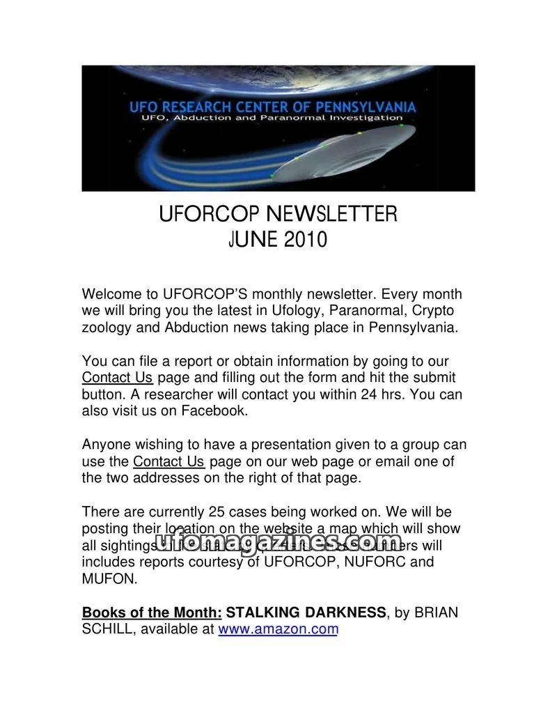 Cover of UFORC of Pennsylvania (Butch Witkowski) issue JUNE 2010: UFORCOP NEWSLETTER