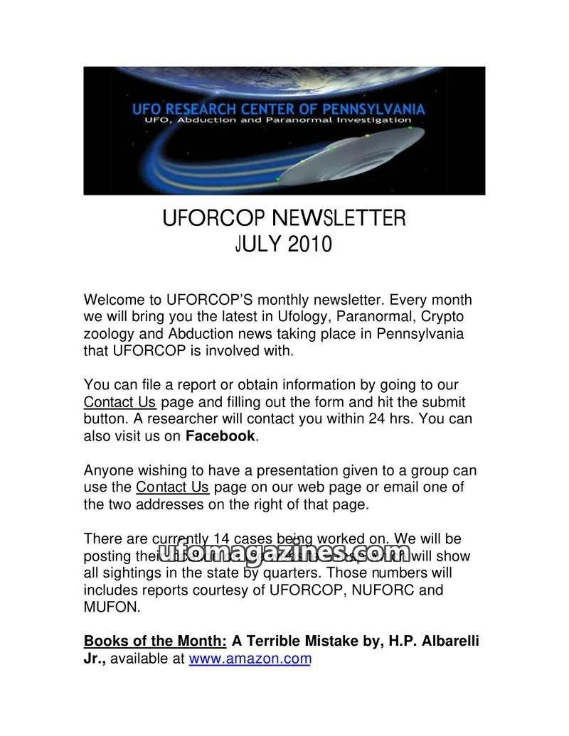 Cover of UFORC of Pennsylvania (Butch Witkowski) issue JULY 2010: UFORCOP NEWSLETTER
