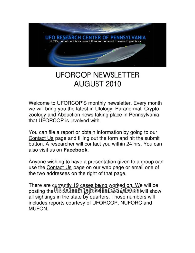 Cover of UFORC of Pennsylvania (Butch Witkowski) issue August 2010: UFORCOP NEWSLETTER