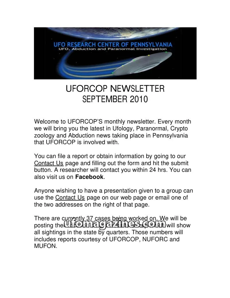 Cover of UFORC of Pennsylvania (Butch Witkowski) issue SEPTEMBER 2010: UFORCOP NEWSLETTER