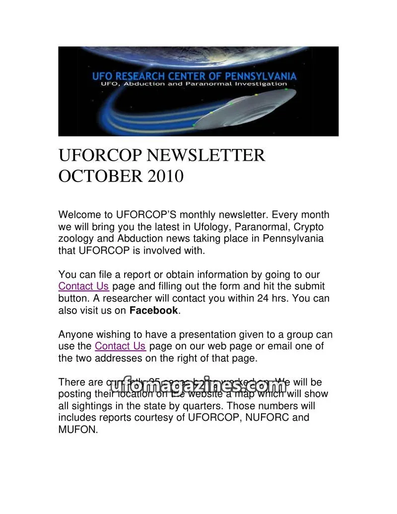 Cover of UFORCOP issue October 2010: UFORCOP NEWSLETTER