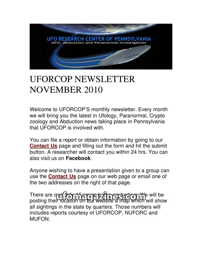 Cover of UFORCOP issue November 2010: UFORCOP NEWSLETTER