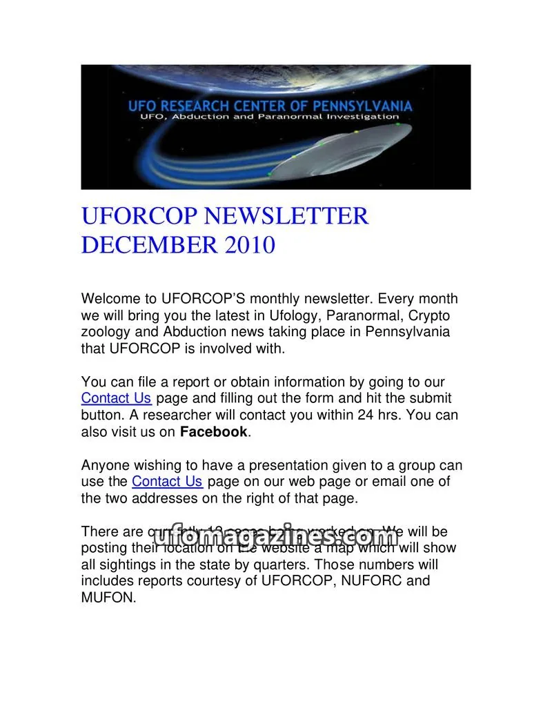 Cover of UFORC of Pennsylvania (Butch Witkowski) issue December 2010: UFORCOP NEWSLETTER