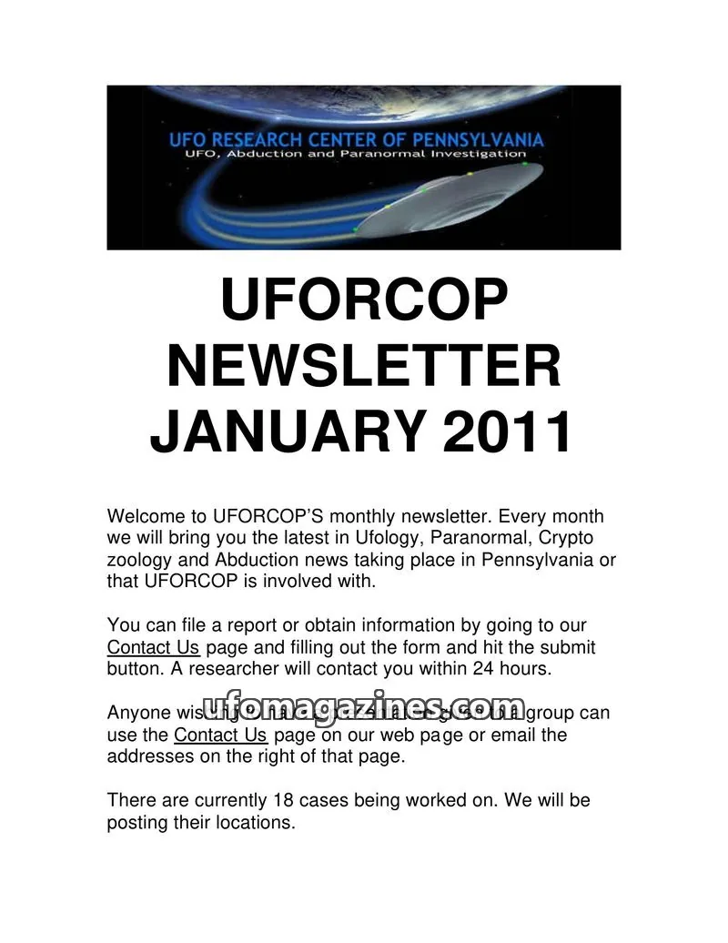 Cover of UFORC of Pennsylvania (Butch Witkowski) issue January 2011: UFORCOP NEWSLETTER