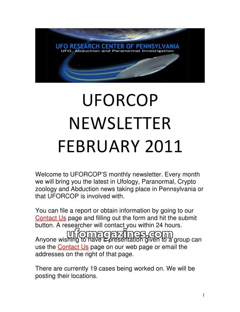 Cover of UFORC of Pennsylvania (Butch Witkowski) issue February 2011: UFORCOP NEWSLETTER