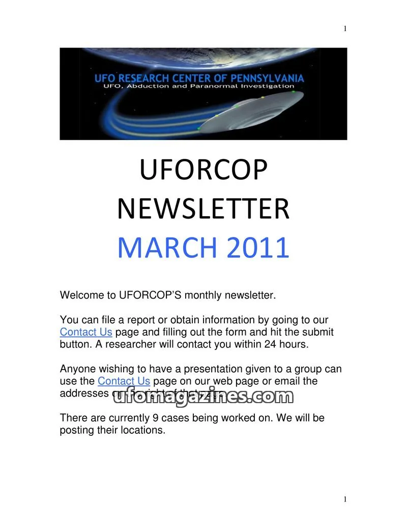 Cover of UFORC of Pennsylvania (Butch Witkowski) issue March 2011: UFORCOP NEWSLETTER