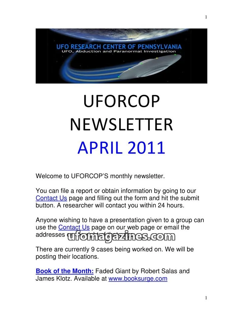 Cover of UFORC of Pennsylvania (Butch Witkowski) issue April 2011: UFORCOP NEWSLETTER
