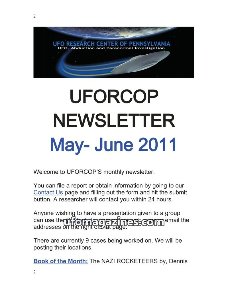 Cover of UFORC of Pennsylvania (Butch Witkowski) issue May- June 2011: UFORCOP NEWSLETTER