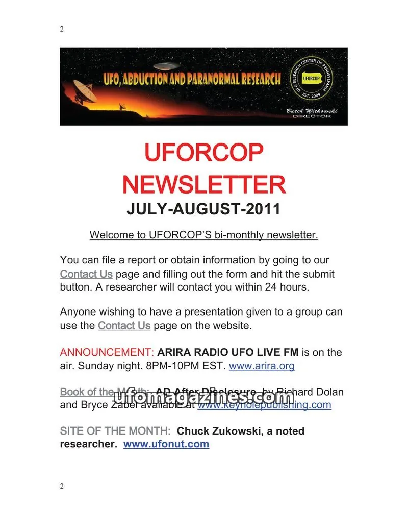 Cover of UFORC of Pennsylvania (Butch Witkowski) issue JULY-AUGUST-2011: UFORCOP NEWSLETTER