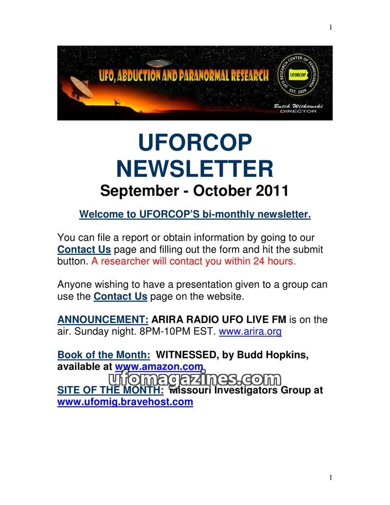 Cover of UFORCOP issue September - October 2011: UFORCOP NEWSLETTER