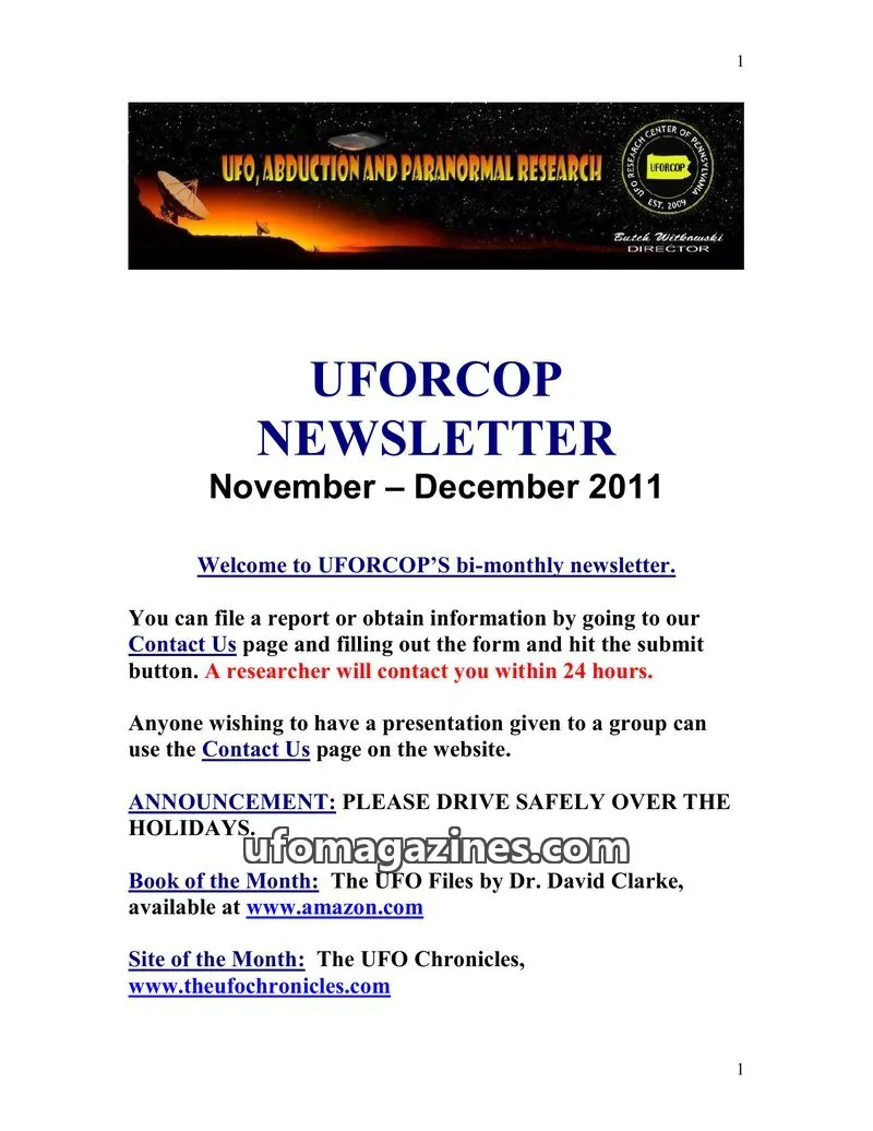 Cover of UFORCOP issue November - December 2011: UFORCOP NEWSLETTER