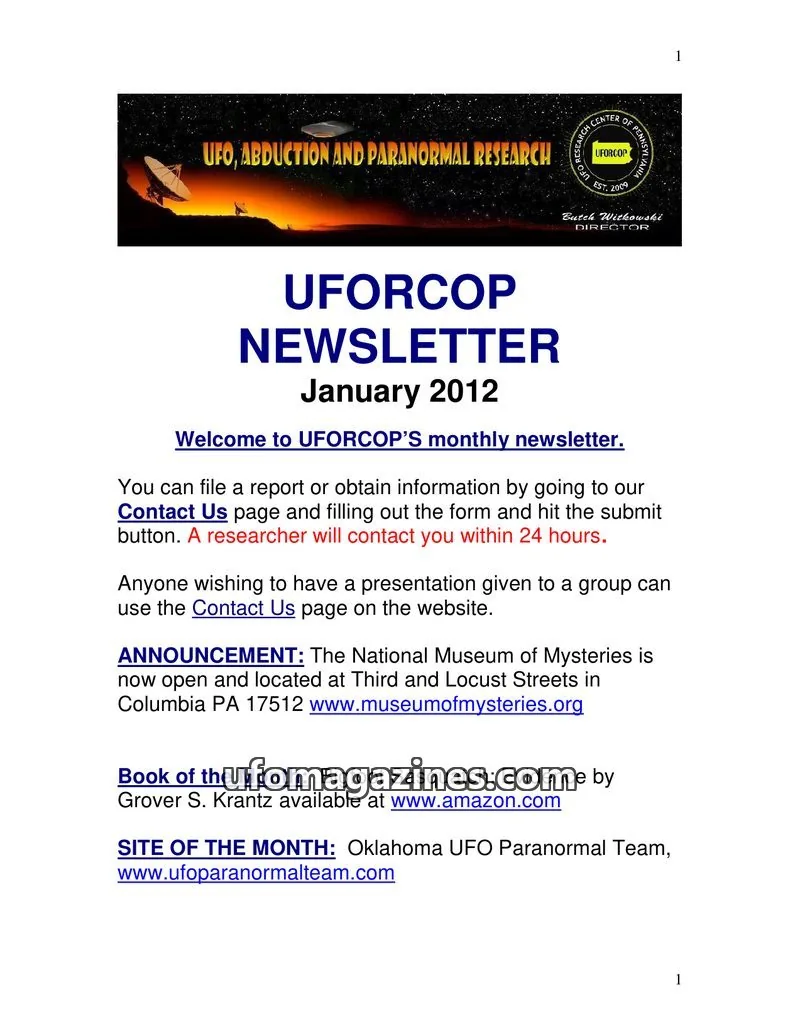 Cover of UFORC of Pennsylvania (Butch Witkowski) issue January 2012: UFORCOP NEWSLETTER