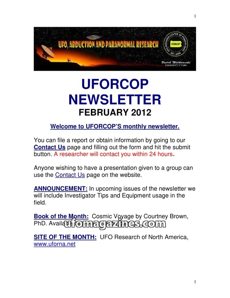 Cover of UFORC of Pennsylvania (Butch Witkowski) issue FEBRUARY 2012: UFORCOP NEWSLETTER